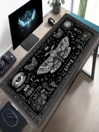 1 szt. Duża podkładka pod mysz do gier e-sportowych, czarno-biały wzór w stylu retro z tajemniczym motylem w kształcie oka ćmy, antypoślizgowa, zmywalna gumowa podstawa, duża podkładka na biurko do biura, akademika, prezent na święta i urodziny, kompatybilna z myszą i trackballem