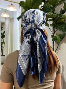 Women's Satin Scarf 90x90 Large Multipurpose Hairband - Màu xanh hải quân - Xem 2
