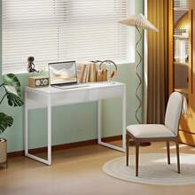 Scrivania Salvaspazio 100x50 cm con 2 Cassetti, Tavolo Computer Moderno con Gambe in Acciaio e Regolabili per Ufficio, Studio, Soggiorno e Camera da Letto, Bianco Lucido - Bianco - Visualizzare 9