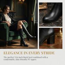 Lotgnimry Women's Fashion Knee-High Boots, Side Zipper Low Block Heel Tall Boots, Casual Minimalist Style For Wedding/Birthday Party/Date, Perfect To Match Dresses/Sweaters - 黑色 - 查看 3