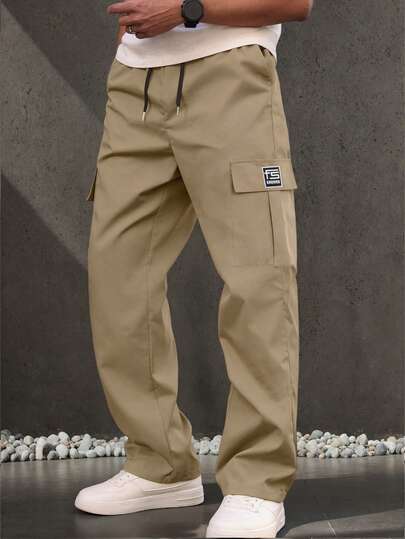 Men's Fashion Cargo Pants, Straight Leg, Elastic Waist, Loose Fit, Solid Color, Single Side Embroidered Logo, Long Pants