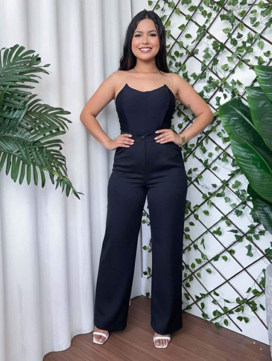 Women's Tailored Trousers, High-Waisted Wide Leg, Elegant Formal Style - Basic Black - View 1