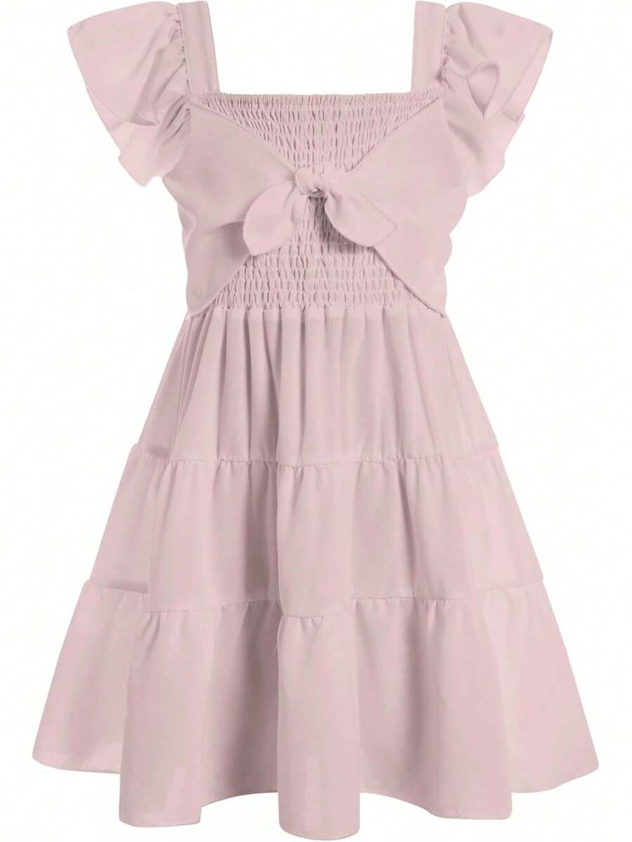 Square Neck Ruffle Sleeve Dress For Girls - Sweet A-Line Swing Dress For Tweens, Casual & Special Occasions - 粉色 - 查看 1