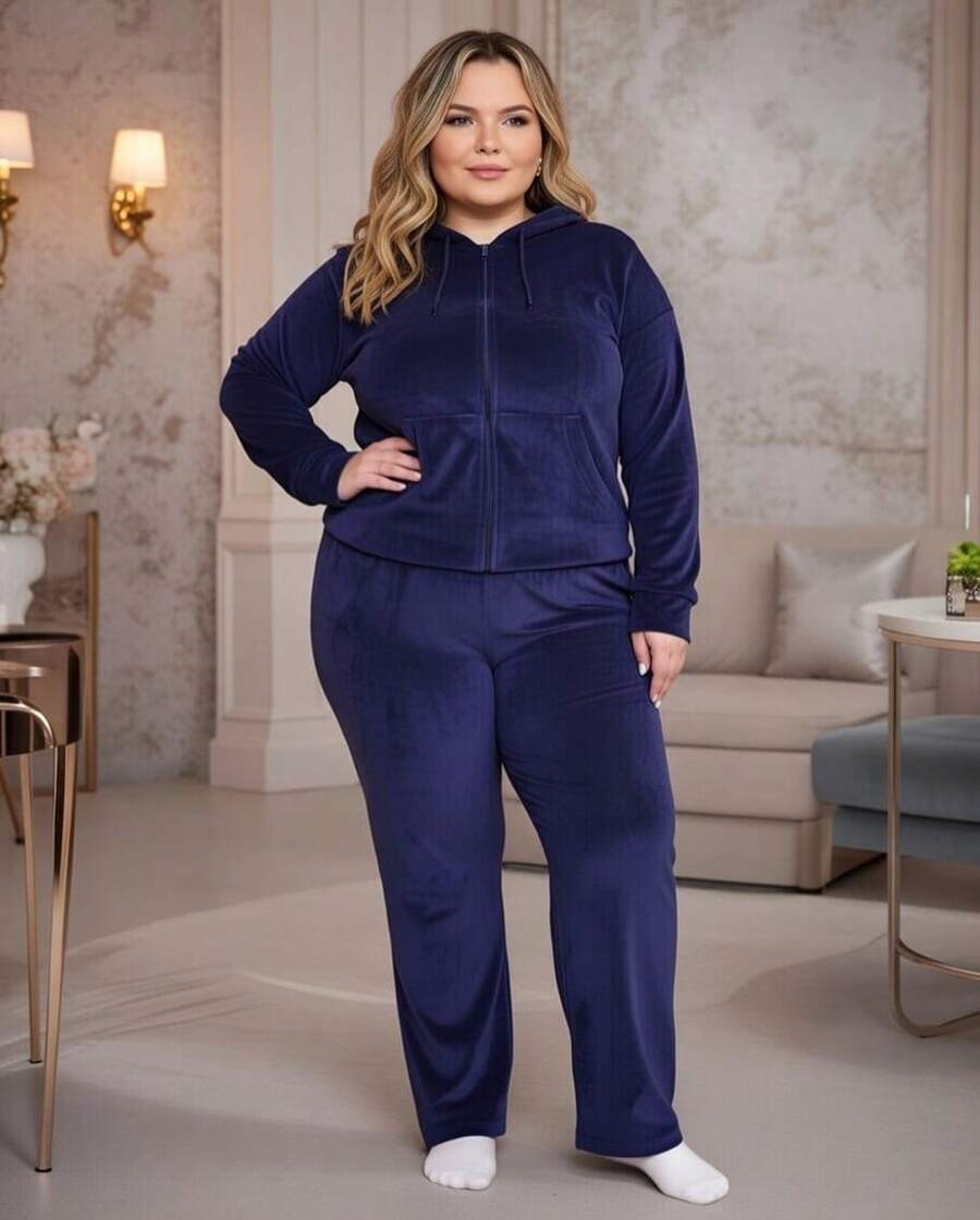 Plus Size Plush Set With Hood – Jacket With Pockets And Pants With Pockets - Navy Blue - View 1