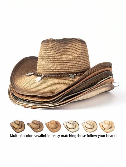 1 pieza Sombrero de paja casual bohemio con concha, remache y lazo, versátil para uso casual, vacaciones, fiestas, eventos con tema occidental, graduación, disfraces, festivales, fotografía, adecuado para hombres y mujeres