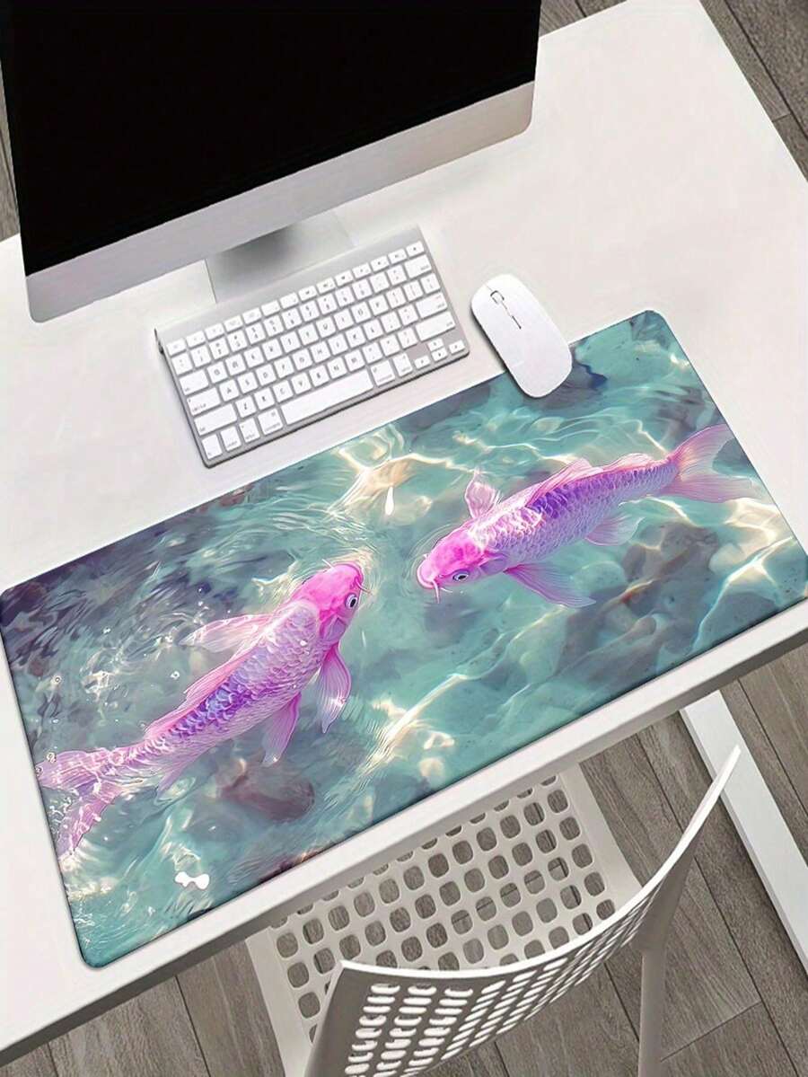 1pc Pink Koi Fish Jumping Water High Definition Printed Desk Mat, Multifunctional XXL Mouse Pad, Keyboard Gaming Mouse Pad, Office Computer PC Gaming Desk Mat, Ideal Gift For Family And Friends, Adults - View 1
