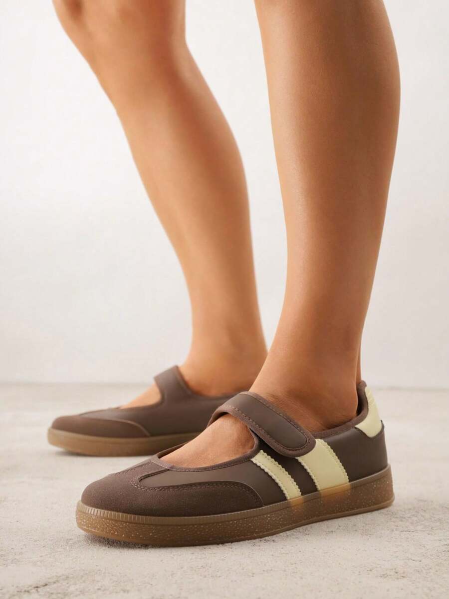 Women Ballerina-Style Flat Sneakers With Hook And Loop Closure - Brown - View 1