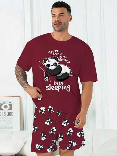 Plus Size Men's Pajama Set | Round Neck Short Sleeve Top And Elastic Waist Casual Shorts, 2 Piece Set | Polyester Knit Fabric, Skin-Friendly Breathable Loose Fit | Cute "Keep Sleeping" Panda Print Casual Design