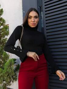 Women's Knit Blouse With Flare Sleeves And Button Detail - Black - View 3