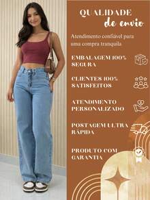 Calça Jeans Wide Leg Feminina Marmorizada Pantalona Oversized 100% Jeans - Lavagem Média - Visão 11