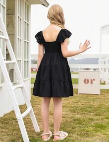 Square Neck Ruffle Sleeve Dress For Girls - Sweet A-Line Swing Dress For Tweens, Casual & Special Occasions - 黑色 - 查看 3