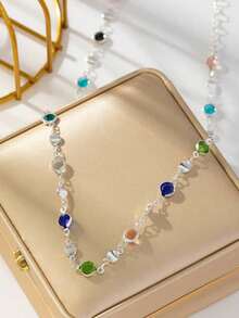 1pc Gold/Silver Color Random Glass Necklace Choker Layered Necklace Bohemian Style Bling Bling Pendant Necklace, Elegant Sophisticated Simple Luxury Fashion Cute, Suitable For Daily Wear, Dates, Parties, Vacations, Holidays, Anniversaries, Birthdays - Bạc - Xem 2