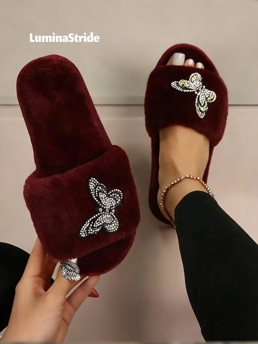 Women's Fluffy Faux Fur Slippers With Rhinestone Butterfly Decor, Flat Open Toe, Comfortable Luxury Slippers In Wine Red - Burgundy - View 1