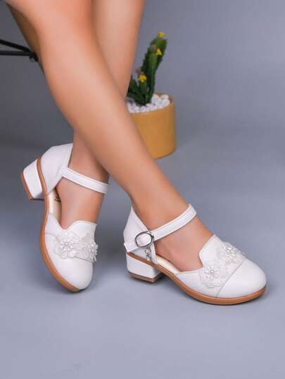 1 Pair Girls' 3D Floral Decor Chunky Heel Dress Shoes, Fresh Style For Daily, Formal Occasions, Performances, Matching Party Dresses