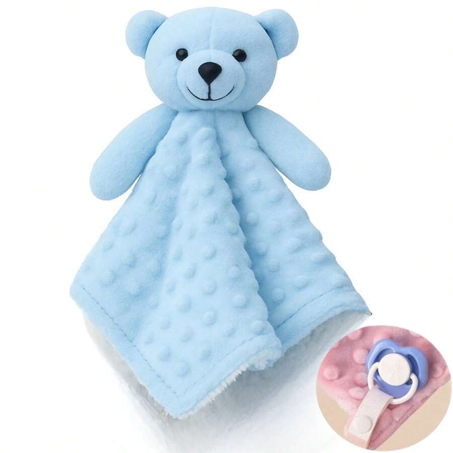 Naninha Bebê com Prendedor de Chupeta - Urso Azul Bege e Rosa - Pelucia Pipoquinha Hipoalergenica - Azul - Flobaby - Visão 1