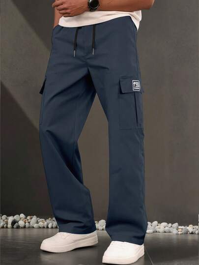 Men's Fashion Cargo Pants, Straight Leg, Elastic Waist, Loose Fit, Solid Color, Single Side Embroidered Logo, Long Pants