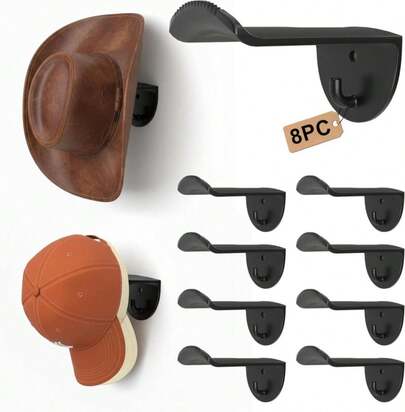TUSPIPAL Adhesive Hat Hooks For Wall, 8 Pack, 2.9" Cowboy Hat Rack Prevents Deformation, Hat Hangers With Key Hook For Baseball Caps &Amp; Fedora, Drill Or Stick, Western Decor Organizer, Black