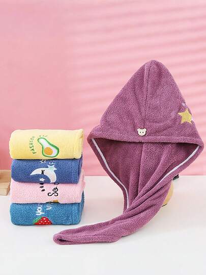 1pc Women's Quick Dry Hair Towel Cap, Cartoon Embroidery Design, Head Wrap Towel, Hair Drying Cap, Bathroom Quick Absorbing Shower Cap, Bathroom Accessories