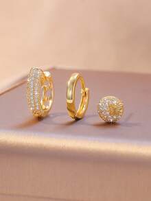 3pcs Set Elegant Fashion Copper Zirconia Inlaid Cross, Flower, Octagram, Teardrop Pendant Earrings, Luxury High-End Fashion Earrings, Wedding, Mother's Day Jewelry - Gold - View 6