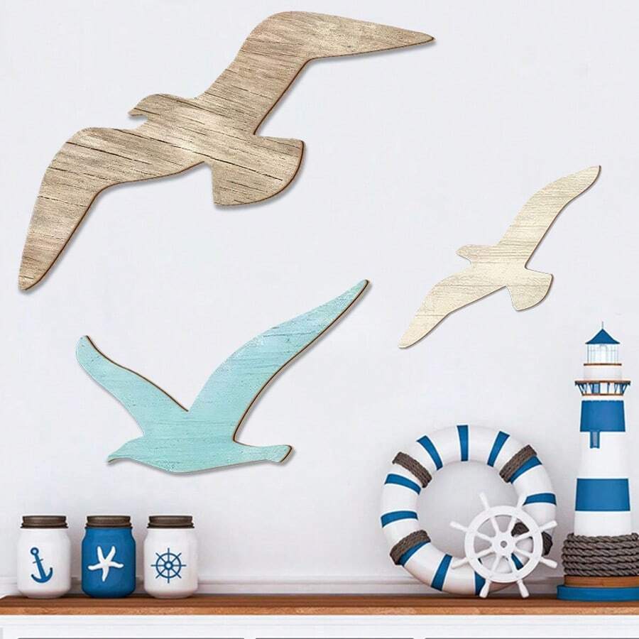 1/3 PiecesOcean Style Wooden Seagull Decoration, Beach Theme Wall Decoration, Coastal Theme Decoration, Suitable For Home Bedroom Living Room Decoration, Seaview Room Decoration, Summer Ocean Beach Theme Decoration - Multicolor - View 1
