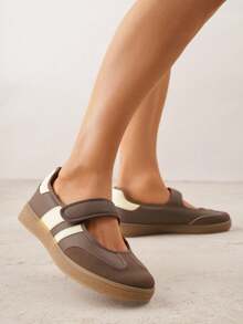 Women Ballerina-Style Flat Sneakers With Hook And Loop Closure - Brown - View 2