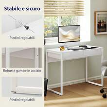 Scrivania Salvaspazio 100x50 cm con 2 Cassetti, Tavolo Computer Moderno con Gambe in Acciaio e Regolabili per Ufficio, Studio, Soggiorno e Camera da Letto, Bianco Lucido - Bianco - Visualizzare 4