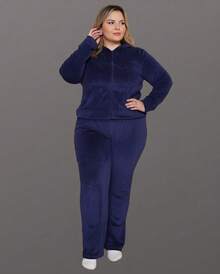 Plus Size Plush Set With Hood – Jacket With Pockets And Pants With Pockets - Navy Blue - View 2