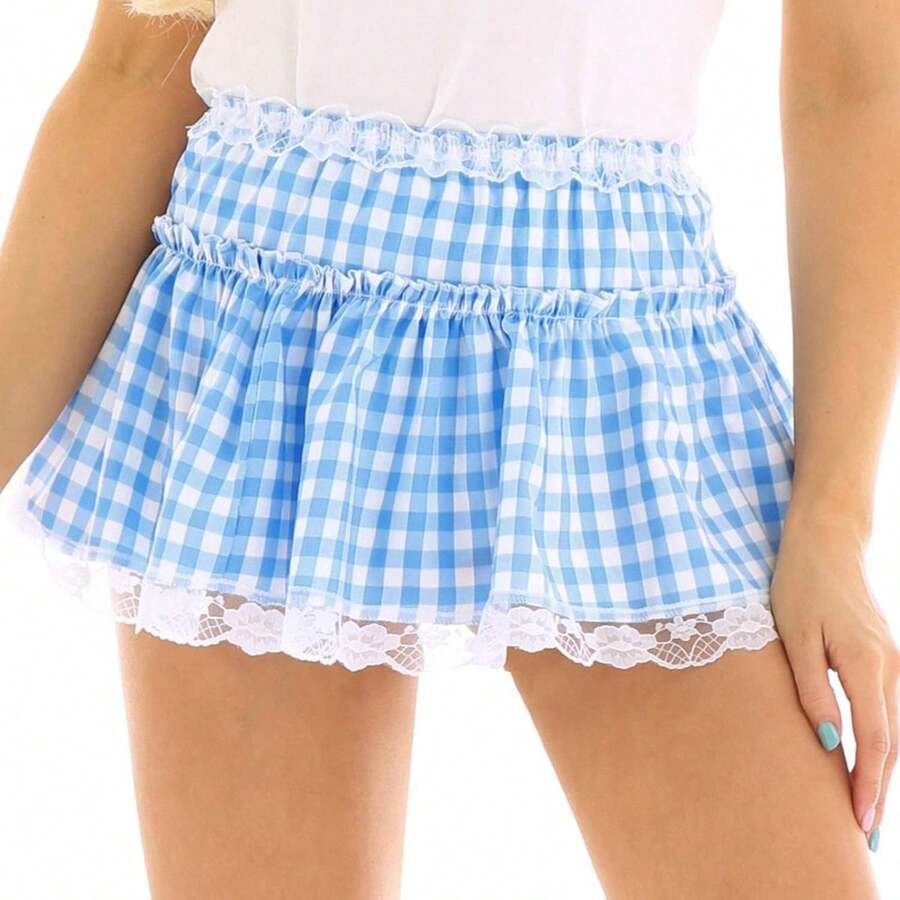 Women Gingham Pleated Mini Skirts Ruffle Lace A Line Layered Short Skirts Fairy Princess Costume Skirt - Blue - View 1