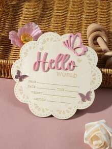 Charming Wooden 'Hello World' Flower-Shaped Birth Announcement Sign With Pink Bow - Youngsters Showers & Nursery Decor, Photo Prop, Youngsters Shower Decor| Floral Design Sign| Natural Wood Constructio - Color - View 3