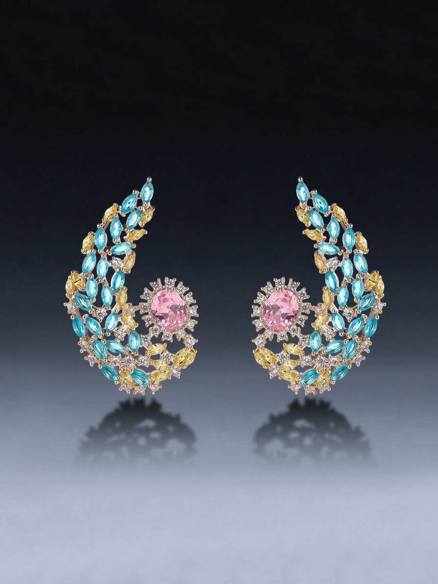 1 Pair Luxurious Jewelry-Style Long Geometric Cubic Zirconia Dangle Earrings, Exaggerated Personalized Earrings, Fashion Earrings To Match Evening Gowns, Birthday/Holiday Gift - Drop Earrings - View 1