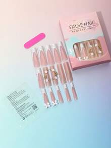 24片新款加长棺材形白色法式美甲，饰有心形水钻3D金色装饰，附赠1把指甲锉和1瓶果冻胶，提升您的优雅气质，适合度假、日常佩戴、上学、办公等场合。 - 白色 - 查看 2