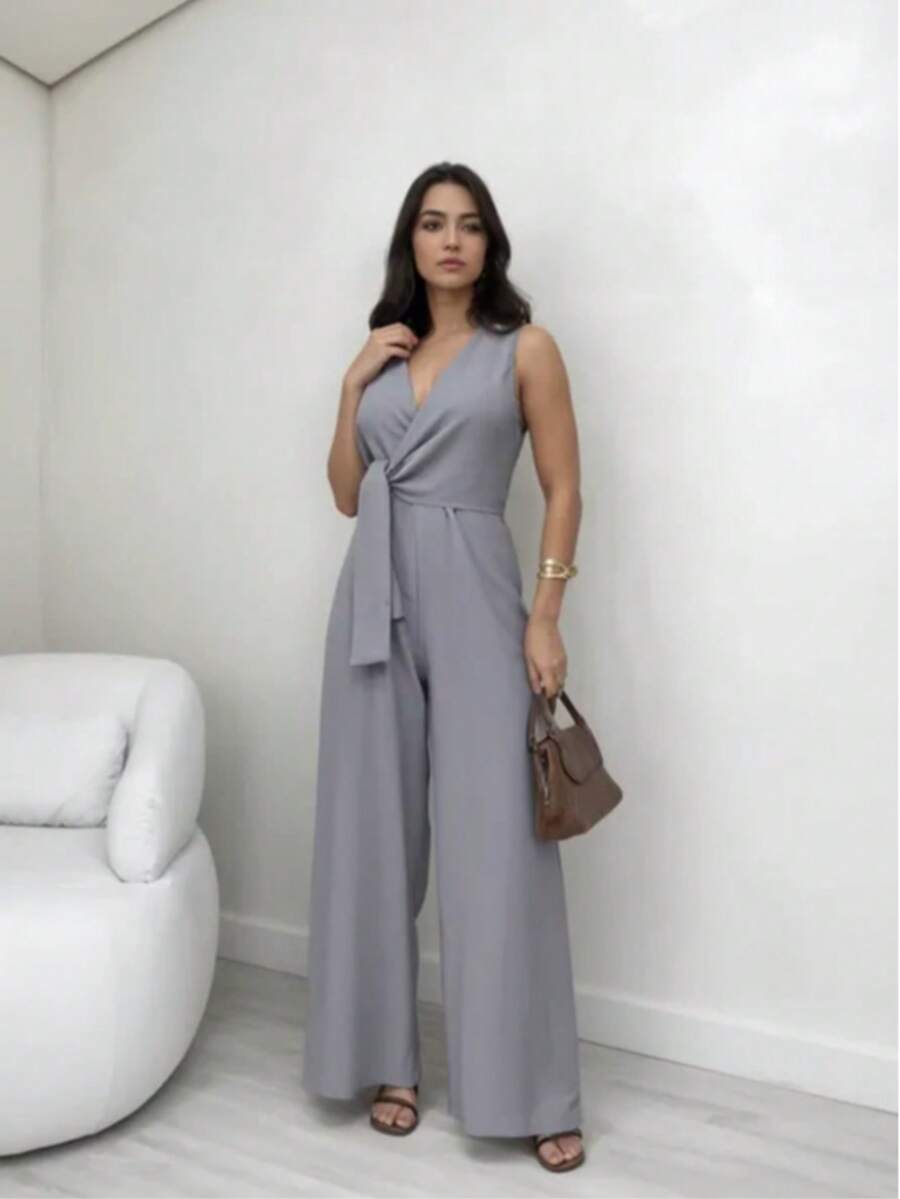 Long Wrap Jumpsuit With V-Neckline - Dark Gray - View 1