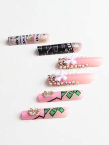 Bộ 24 móng tay giả dài hình quan tài mới, màu hồng kiểu Pháp với họa tiết bướm 3D đính đá, nơ trắng, kèm dũa móng và gel, giúp tăng vẻ sang trọng, phù hợp cho các dịp lễ hội, sử dụng hàng ngày, đi học, đi làm. - Màu Hồng baby - Xem 5