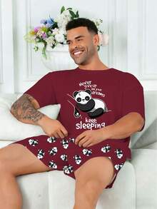 Ensemble pyjama grande taille pour hommes , Top à col rond et manches courtes, short décontracté à taille élastique, ensemble 2 pièces , Tissu en tricot de polyester, doux et respirant, coupe ample , Design décontracté mignon avec imprimé panda "Continuer à dormir" - Rouge foncé - Voir 4
