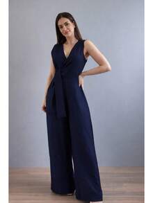 Long Wrap Jumpsuit With V-Neck - Azul Marino - Ver 1