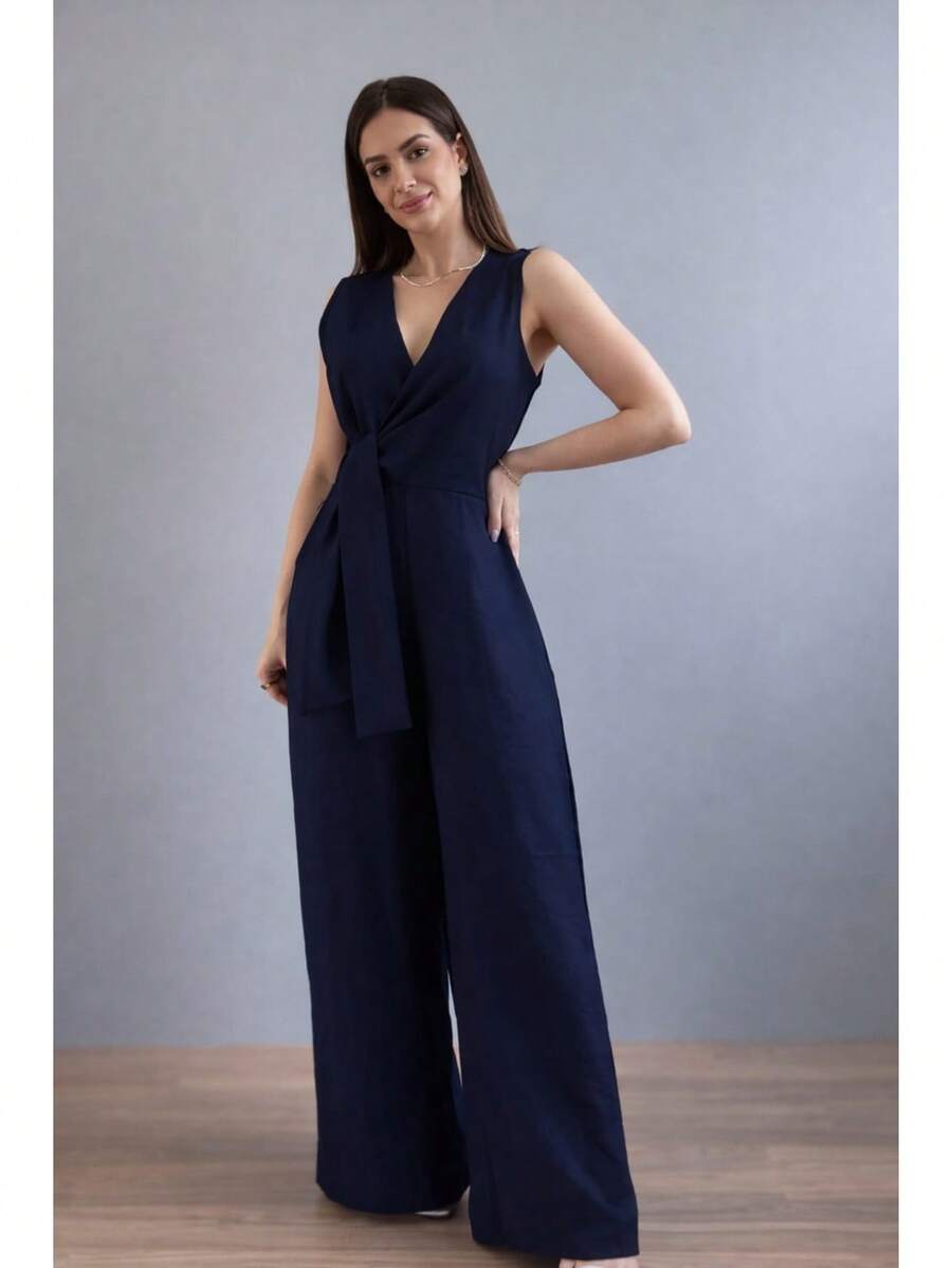 Long Wrap Jumpsuit With V-Neck - Azul Marino - Ver 1