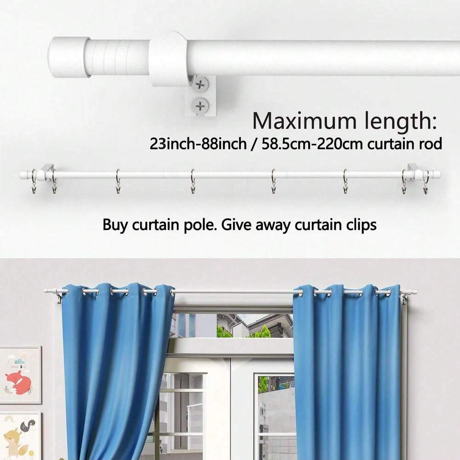 Bộ thanh treo rèm màu trắng, nhẹ, tối giản và tiện dụng, lắp ráp dạng xoắn ốc, phù hợp với cửa sổ từ 23-80 inch, thích hợp để treo rèm mỏng, vải voan, rèm tắm. Bền chắc và dễ lắp đặt. Thích hợp cho phòng ngủ, hiên nhà, nhà bếp, phòng khách, phòng ăn, văn phòng. Kèm theo kẹp treo.