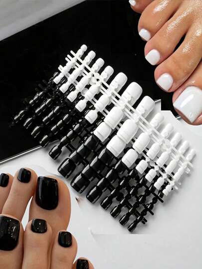 288pcs Short Square Glossy Press-On Toenails - 2 Solid Colors (Black, White) | Easy To Wear, Reusable, Salon Quality, Wearable Nail Tips, Toenail Tips, Fashionable Foot Care, Smooth Nail Effect, Pres On Toe/Foot Nail For Women, Fake/False Nails