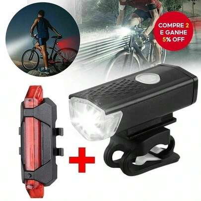 Kit Luz Bicicleta LED Recarregável USB – Farol Dianteiro + Lanterna Traseira/ Ultra Leve/ À Prova D'Água
