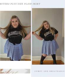 Plus Size Basic Versatile Stretchy Elastic Waist Flared Casual Mini Skater Skirt/Pleated Plaid Skirt For Women XL-5XL - A02-a261 - Kẻ sọc xanh - Xem 4