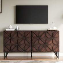 63 Inch Solid Acacia Wood Sideboard With Hand-Carved Geometric Doors – Dark Walnut Buffet Cabinet With Adjustable Shelves For Living Room & Kitchen - Dark Walnut - 查看 8