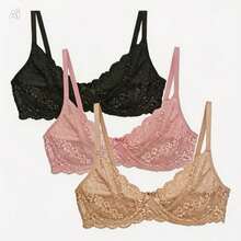 Kit 3 Sutiã Em Renda Sem Bojo Com Aro Sigh Balconet - preto/vermelho/nude - Visão 7