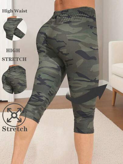 Leggings de moda casual para mujer, pantalones ajustados y transpirables, estilo europeo y americano con estampado de camuflaje, adecuados para ejercicio en casa, yoga, playa al aire libre, senderismo, camping, longitud capri para verano