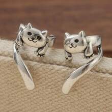 Cute Cat Shaped Retro Ear Clips, Creative Earrings, Suitable For Daily, Party And Holiday Wear, Fashion Jewelry Earrings For Women - Silver - View 7