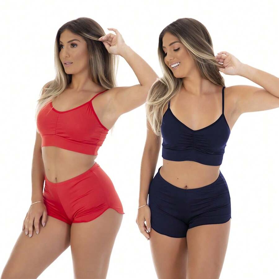 Kit 2 Top Doll Pijama Microfibra sem Bojo Moda Feminina 834 - Marinho / Vermelho - Visão 1