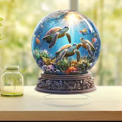 2D Flat 1pc Acrylic Turtle Snow Globe Decor With Stand, 2D Flat Desktop Display, Multifunctional Sun Catcher For Home And Window, Party Supplies, Suitable For Holiday Decoration