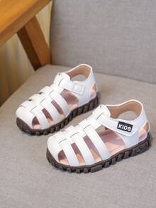 Girls' Roman Sandals, Boys' Summer New Hollow-Out Hook & Loop Non-Slip Soft Bottom Beach Shoes, Suitable For 3-6 Years Old Toddlers - White - View 1