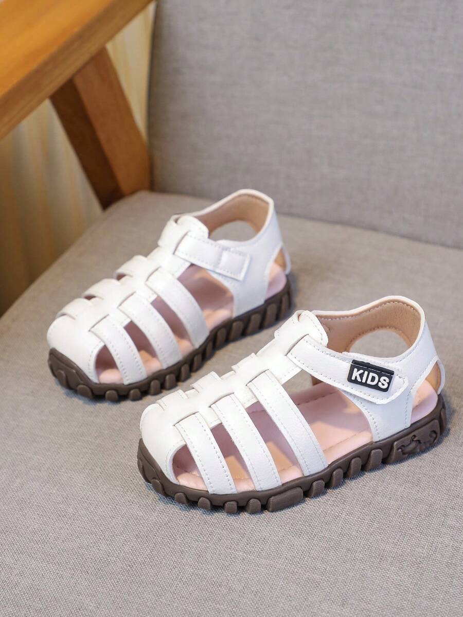 Girls' Roman Sandals, Boys' Summer New Hollow-Out Hook & Loop Non-Slip Soft Bottom Beach Shoes, Suitable For 3-6 Years Old Toddlers - White - View 1