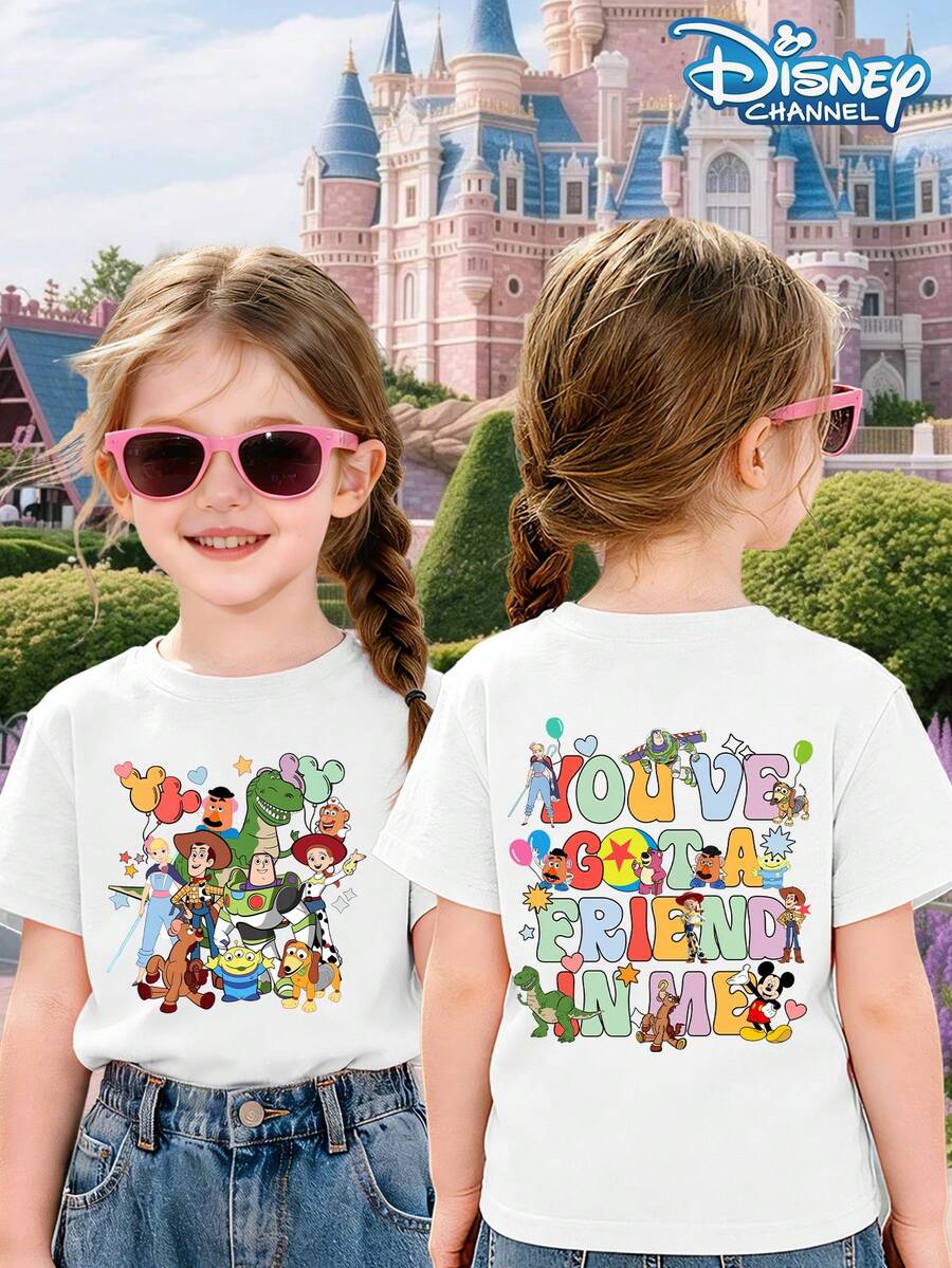 Disney Cartoon Toy Girl T-Shirt Top, With Toys And Puppets Printed With The Letters "You Have A Friend In Me" In A Lively And Cute Style. Summer Casual Outdoor Girl Round Neck Short Sleeved Top - 白色 - 查看 1
