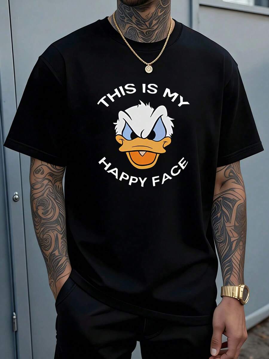 Disney Men's Graphic T-Shirt - Black Breathable Crew Neck Casual Top With A Print Design, Suitable For Outdoor Travel And Sports. Casual T-Shirt | Fashion T-Shirt | Pure Cotton Material. - 黑色 - 查看 1